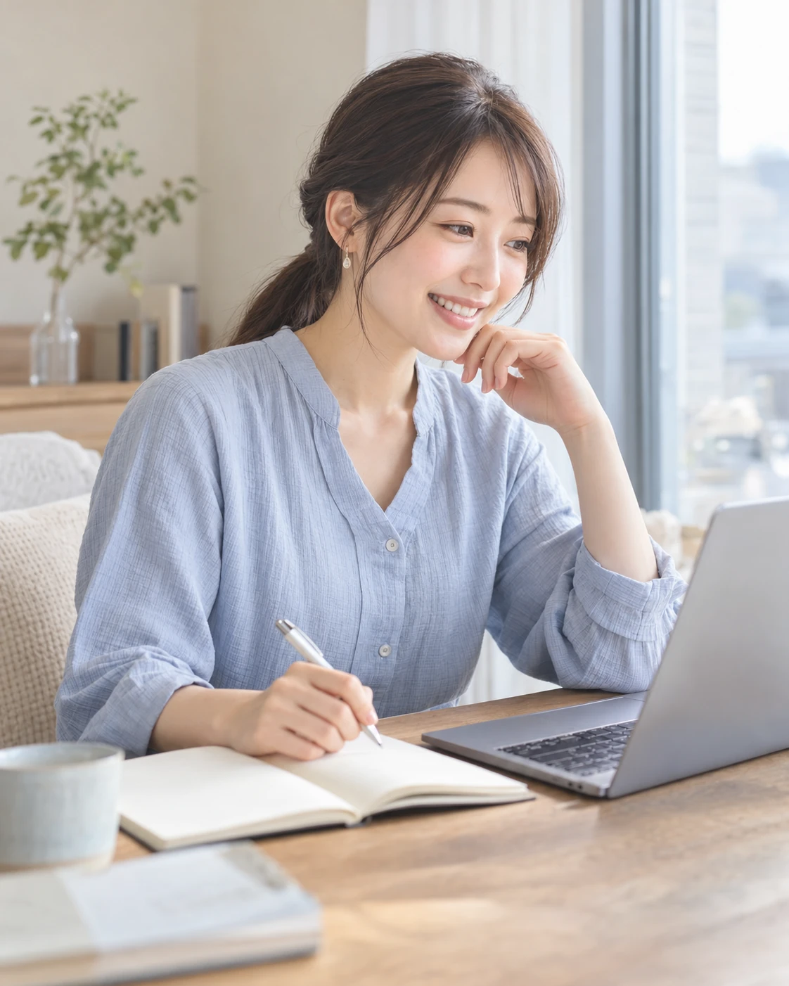 自宅のデスクでノートとパソコンを使う女性のイメージ