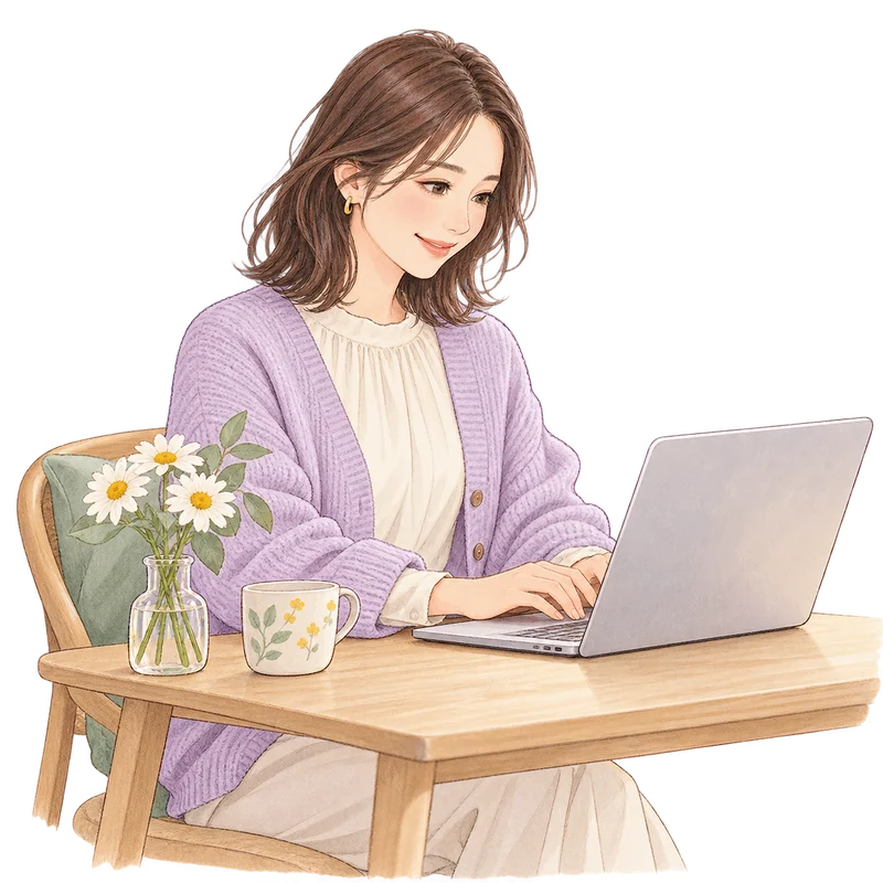 自宅でパソコンを使う女性のイメージイラスト