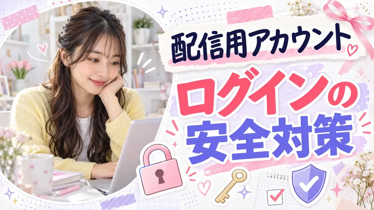 配信用アカウントのログイン安全対策。女性と鍵やスマートフォンのイラスト