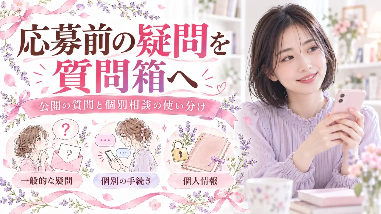 応募前の疑問を質問箱へ。公開の質問と個別相談の使い分け。一般的な疑問・個別の手続き・個人情報を紹介する記事バナー。