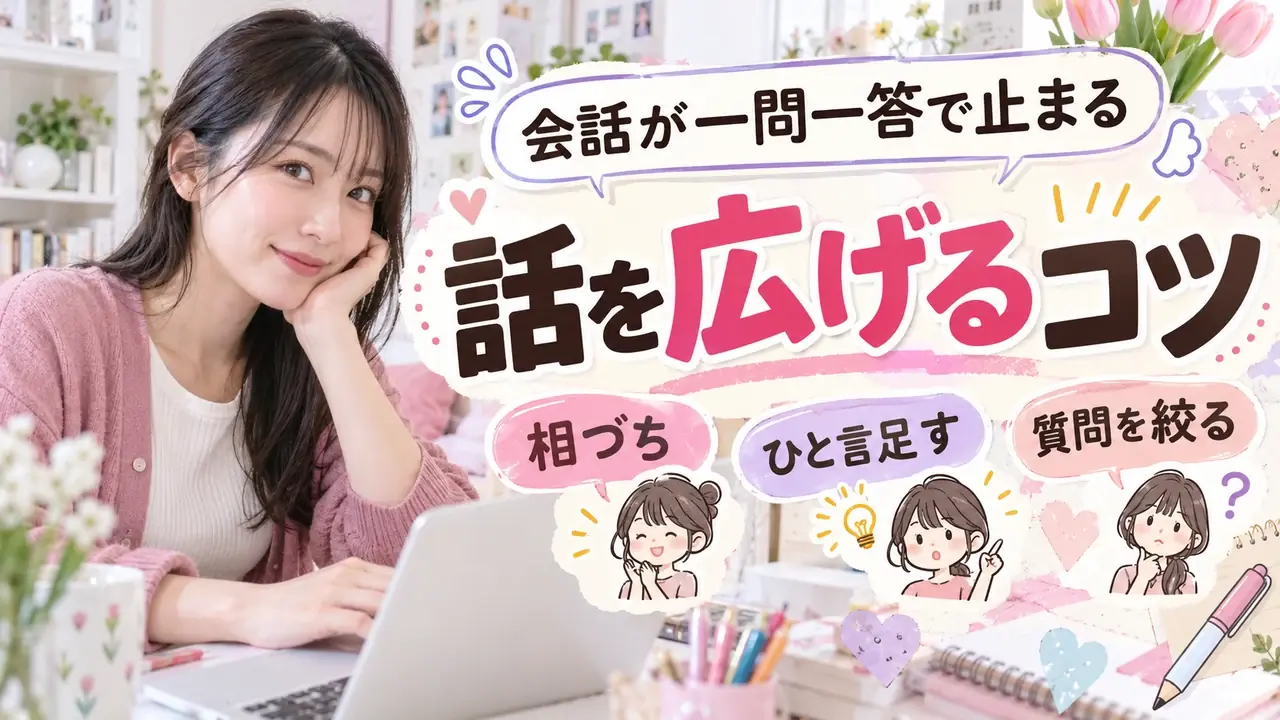 一問一答で止まる会話を広げるコツの文字と、パソコン越しに話す女性の写真