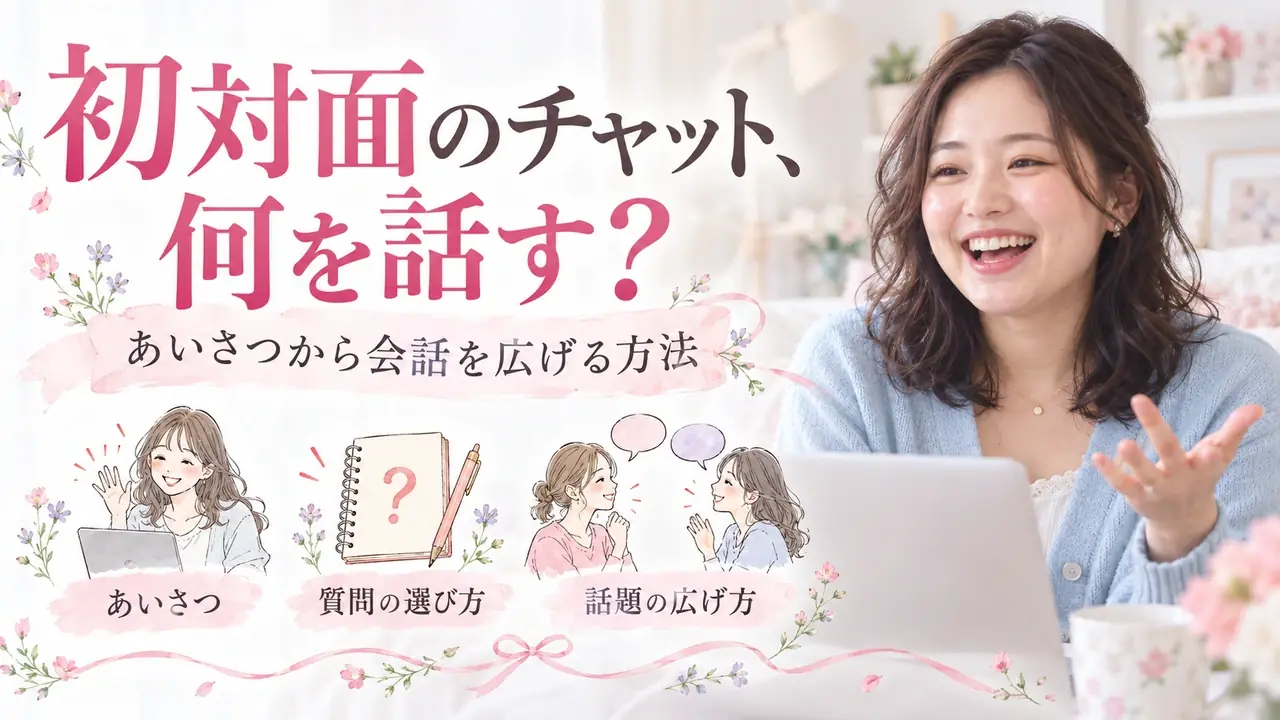 初対面のチャット、何を話す？。あいさつから会話を広げる方法。あいさつ・質問の選び方・話題の広げ方を紹介する記事バナー。