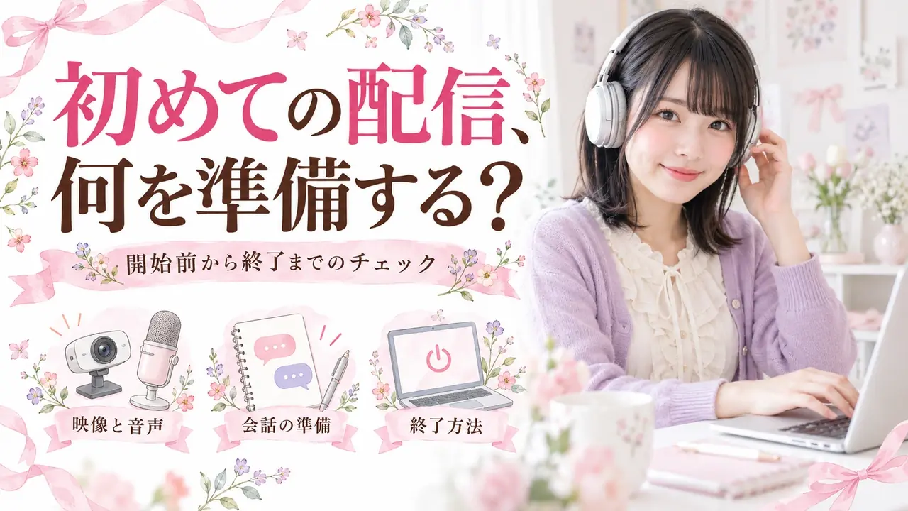 初めての配信、何を準備する？。開始前から終了までのチェック。映像と音声・会話の準備・終了方法を紹介する記事バナー。