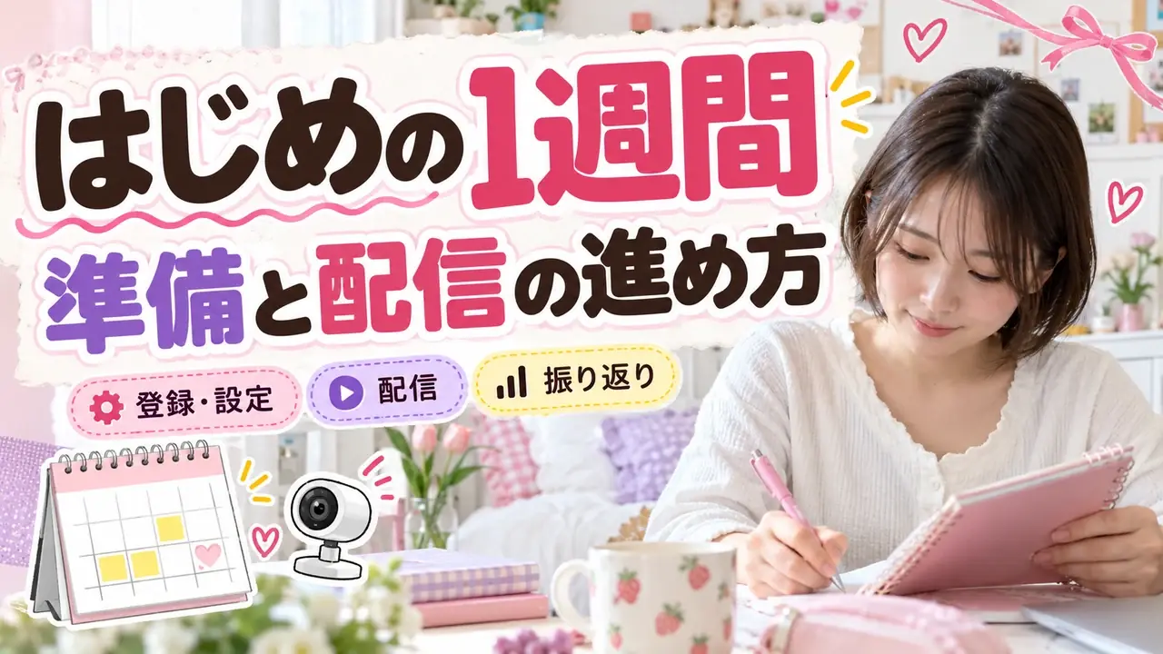 準備と配信の進め方を示す文字と、白い机でノートを整理する女性の写真
