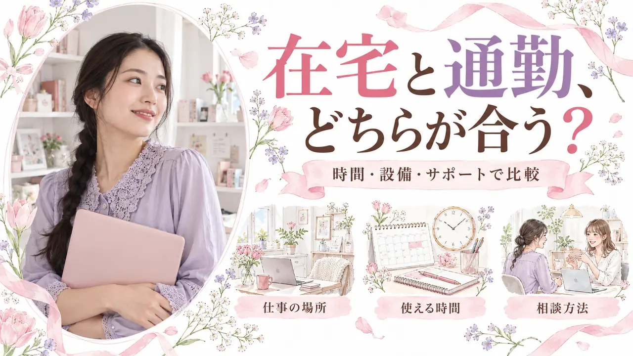 在宅と通勤、どちらが合う？。時間・設備・サポートで比較。仕事の場所・使える時間・相談方法を紹介する記事バナー。