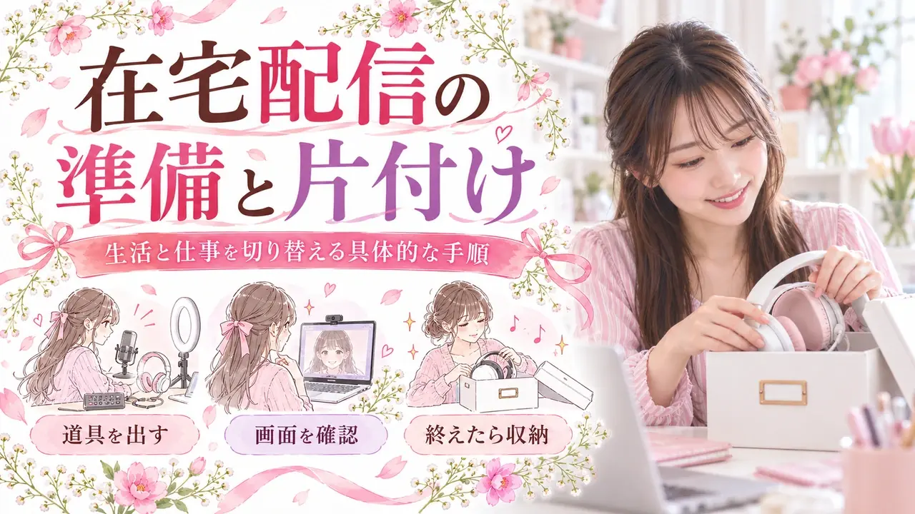 在宅配信の準備と片付け。生活と仕事を切り替える具体的な手順。道具を出す・画面を確認・終えたら収納を紹介する記事バナー。