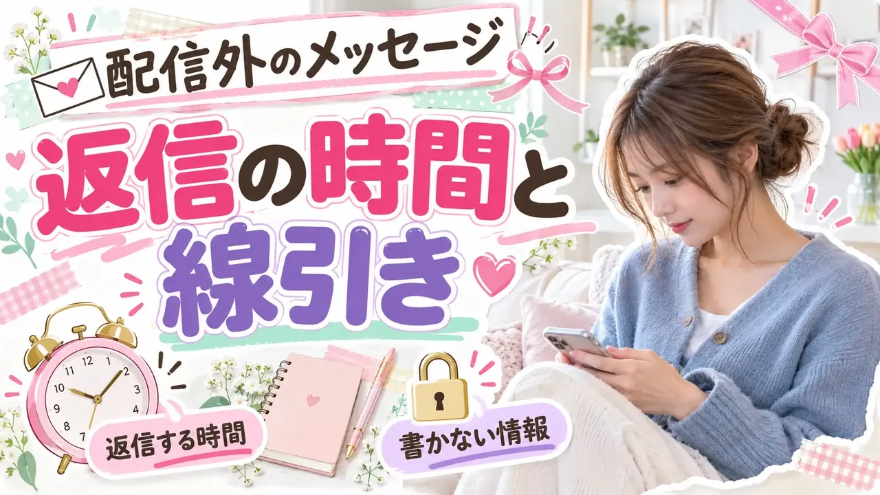 返信時間と個人情報の線引きを示す文字と、白いソファでスマホを確認する女性の写真