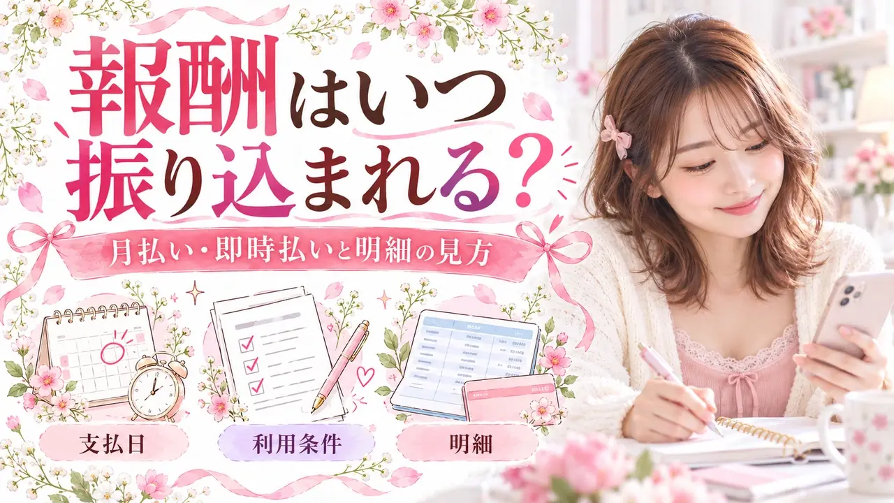 報酬はいつ振り込まれる?。月払い・即時払いと明細の見方。支払日・利用条件・明細を紹介する記事バナー。
