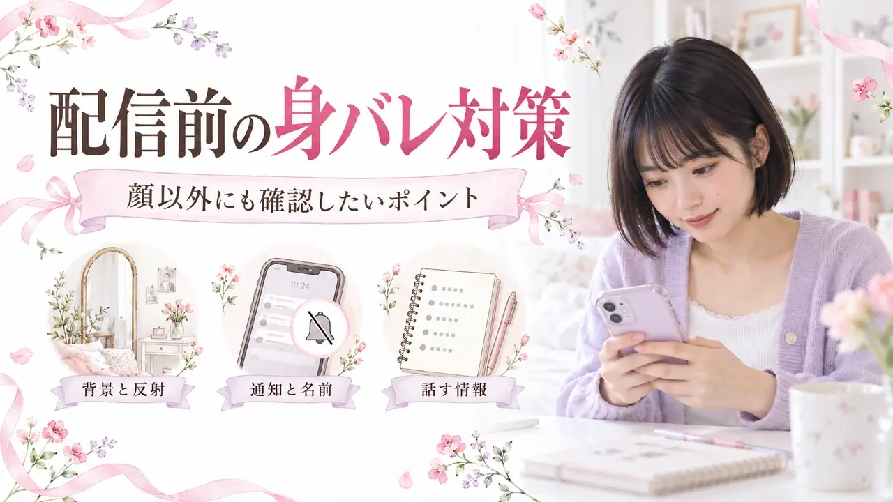 配信前の身バレ対策。顔以外にも確認したいポイント。背景と反射・通知と名前・話す情報を紹介する記事バナー。