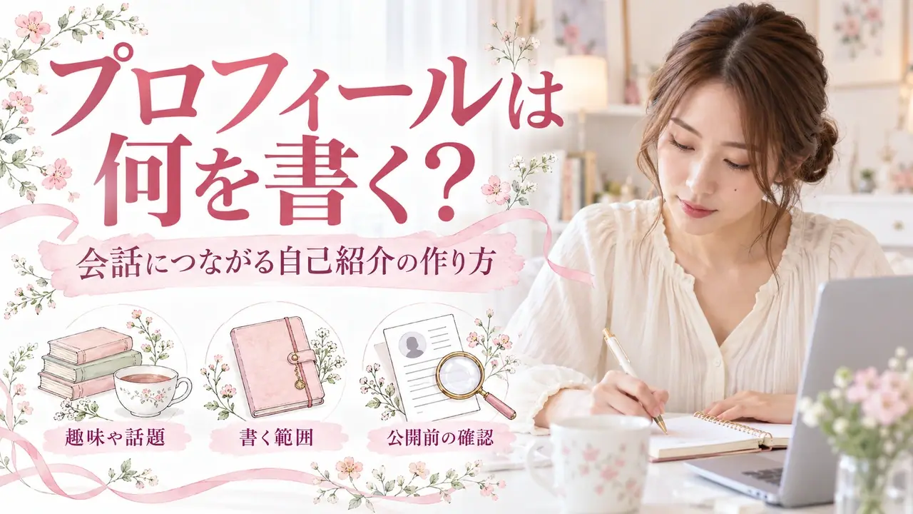 プロフィールは何を書く？。会話につながる自己紹介の作り方。趣味や話題・書く範囲・公開前の確認を紹介する記事バナー。