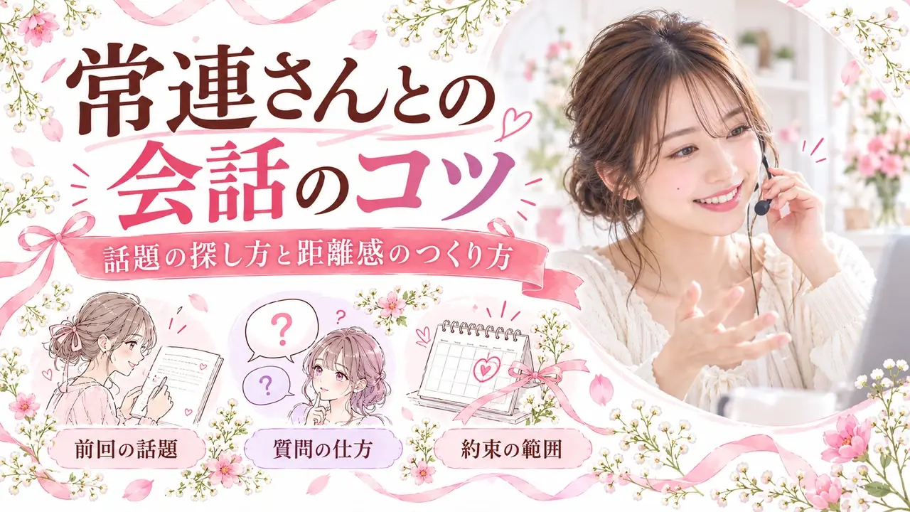 常連さんとの会話のコツ。話題の探し方と距離感のつくり方。前回の話題・質問の仕方・約束の範囲を紹介する記事バナー。