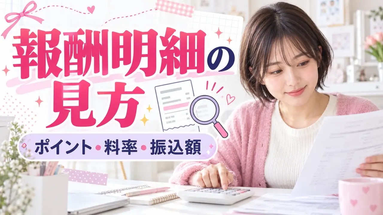 報酬明細の見方。ポイント・料率・振込額を確認する女性とノートのデザイン