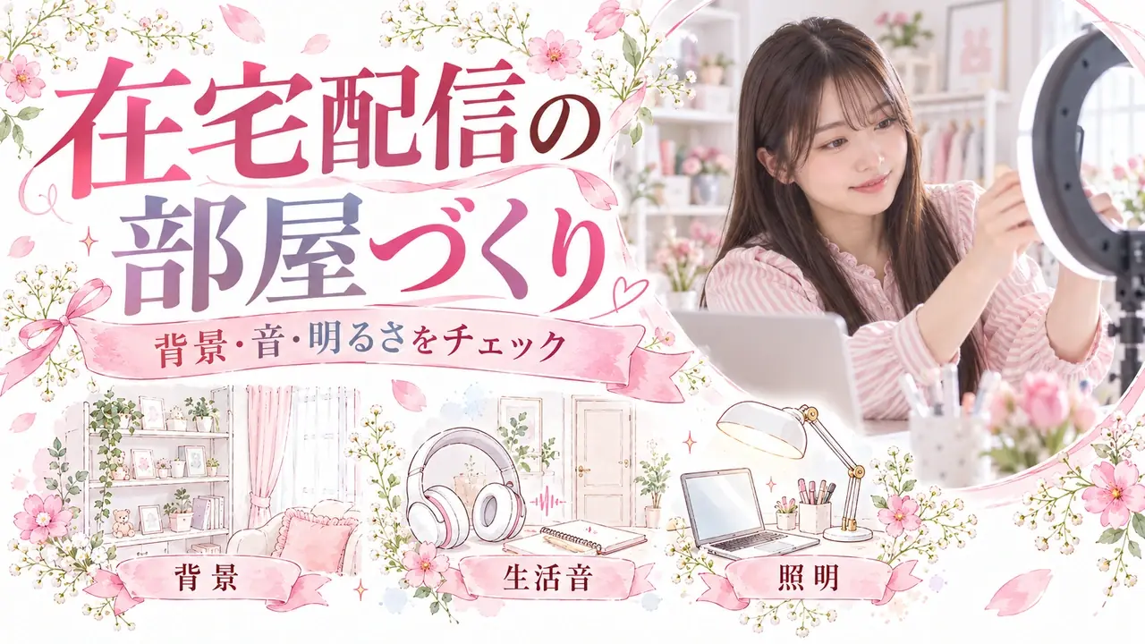 在宅配信の部屋づくり。背景・音・明るさをチェック。背景・生活音・照明を紹介する記事バナー。