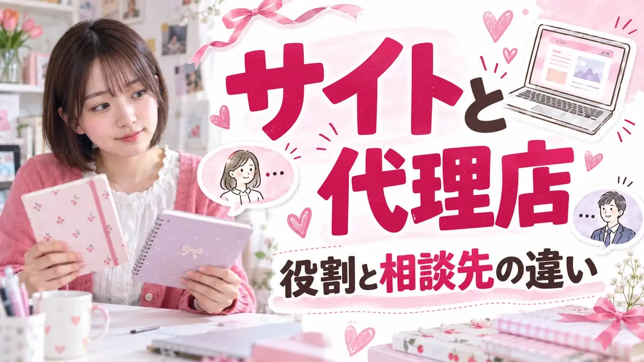 サイトと代理店の役割を整理する、女性の写真と相談のイラストを組み合わせたサムネイル