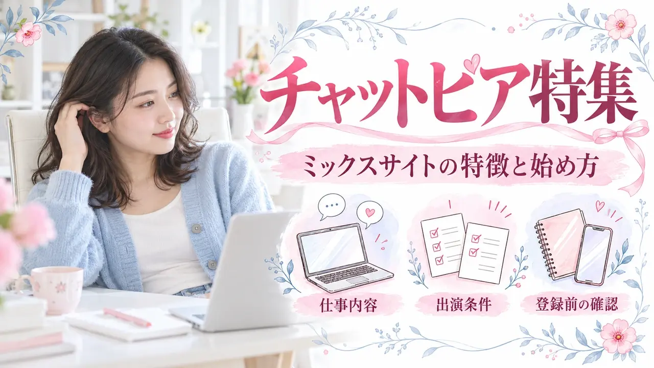チャットピア特集。ミックスサイトの特徴と始め方。仕事内容・出演条件・登録前の確認を紹介する記事バナー。
