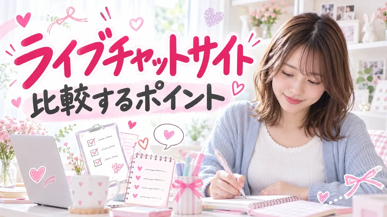 ライブチャットサイトを比較するポイントをノートにまとめる女性とチェック項目のデザイン