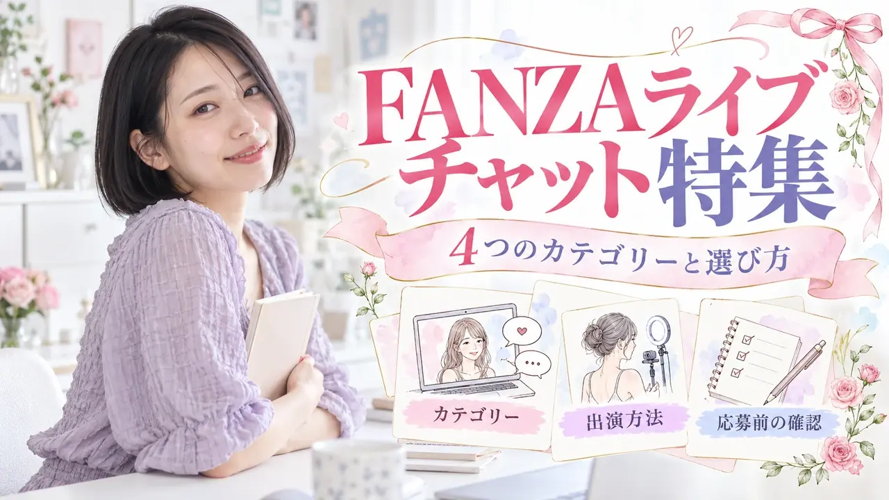 FANZAライブチャット特集。4つのカテゴリーと選び方。カテゴリー・出演方法・応募前の確認を紹介する記事バナー。