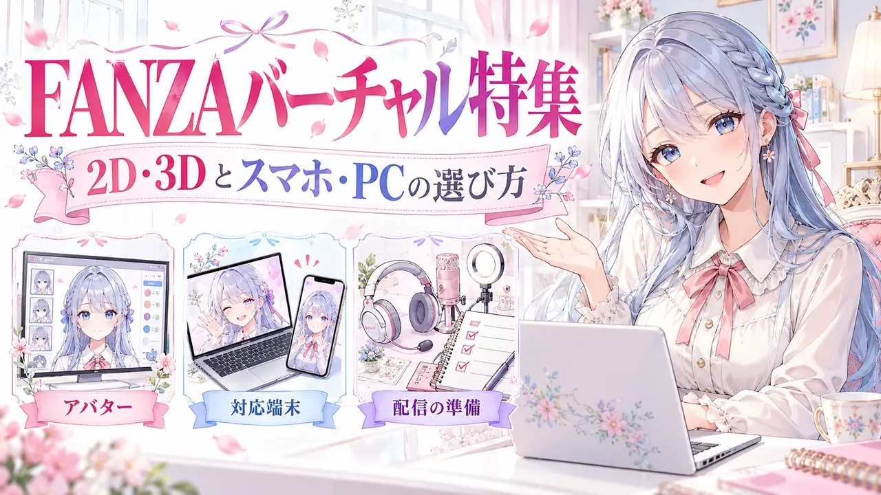 FANZAバーチャル特集。2D・3Dとスマホ・PCの選び方。アバター・対応端末・配信の準備を紹介する記事バナー。