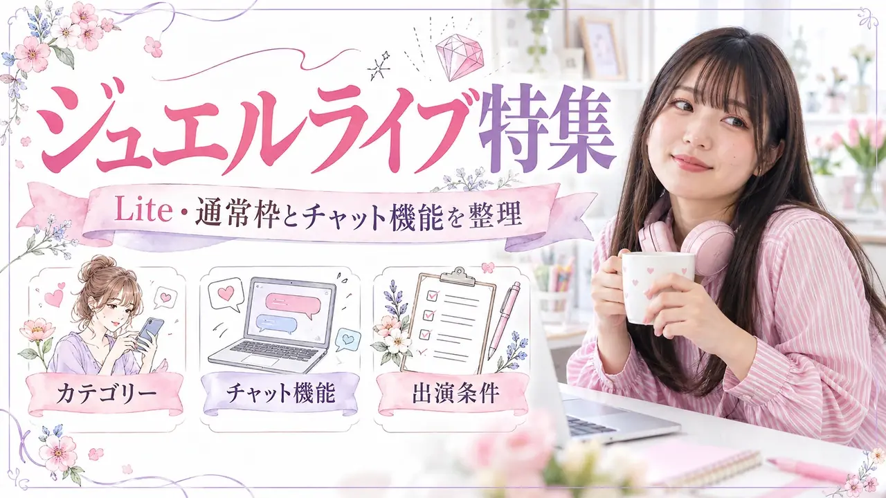 ジュエルライブ特集。Lite・通常枠とチャット機能を整理。カテゴリー・チャット機能・出演条件を紹介する記事バナー。