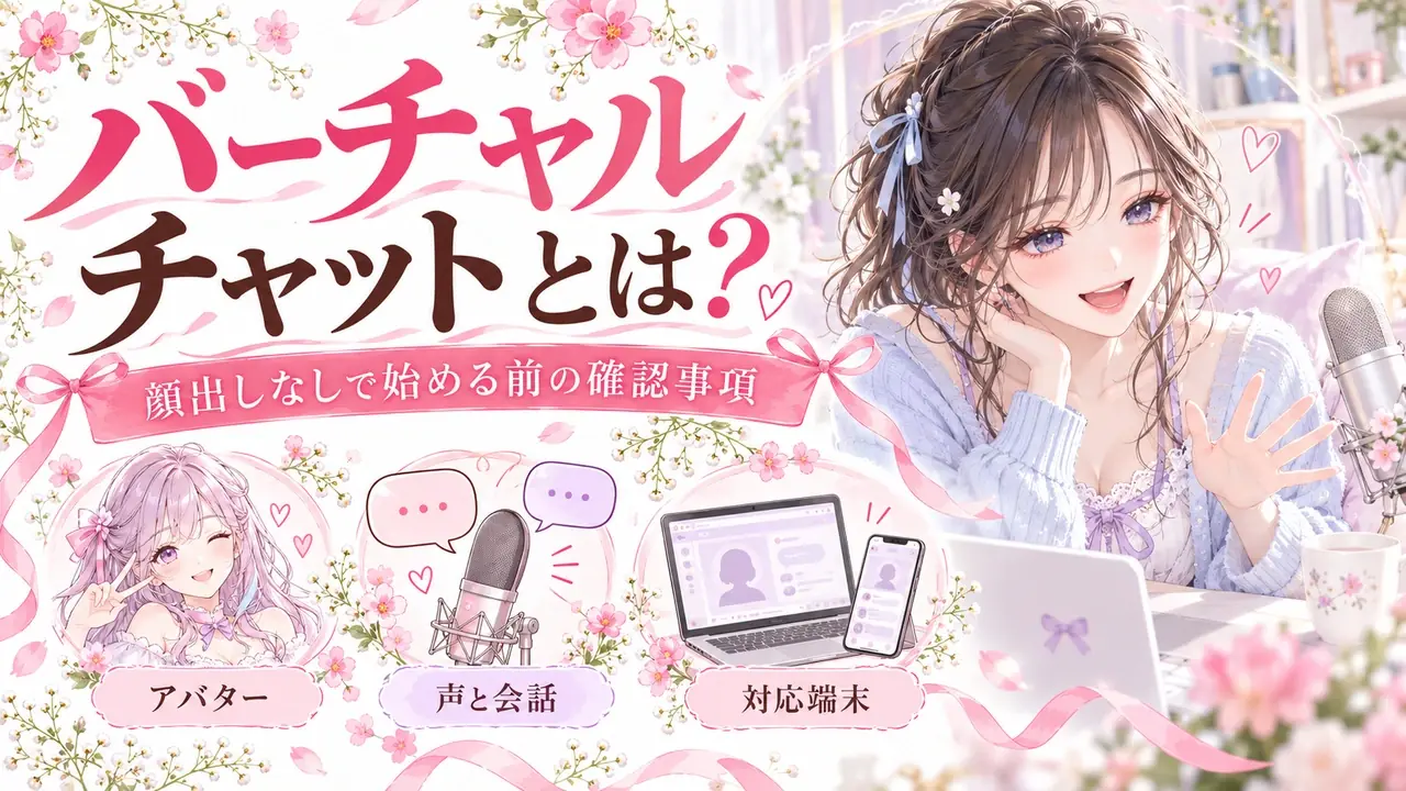 バーチャルチャットとは？。顔出しなしで始める前の確認事項。アバター・声と会話・対応端末を紹介する記事バナー。