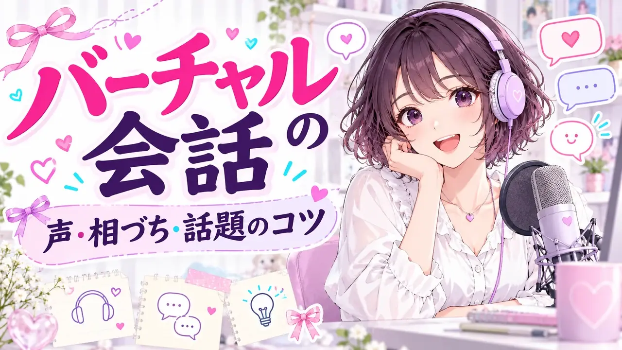 バーチャルの会話をテーマにした、声や相づちの吹き出しと女性アバターのイラスト