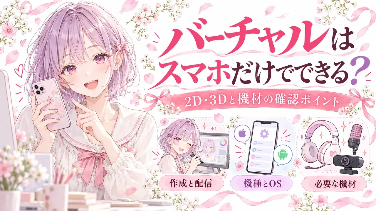バーチャルはスマホだけでできる？。2D・3Dと機材の確認ポイント。作成と配信・機種とOS・必要な機材を紹介する記事バナー。