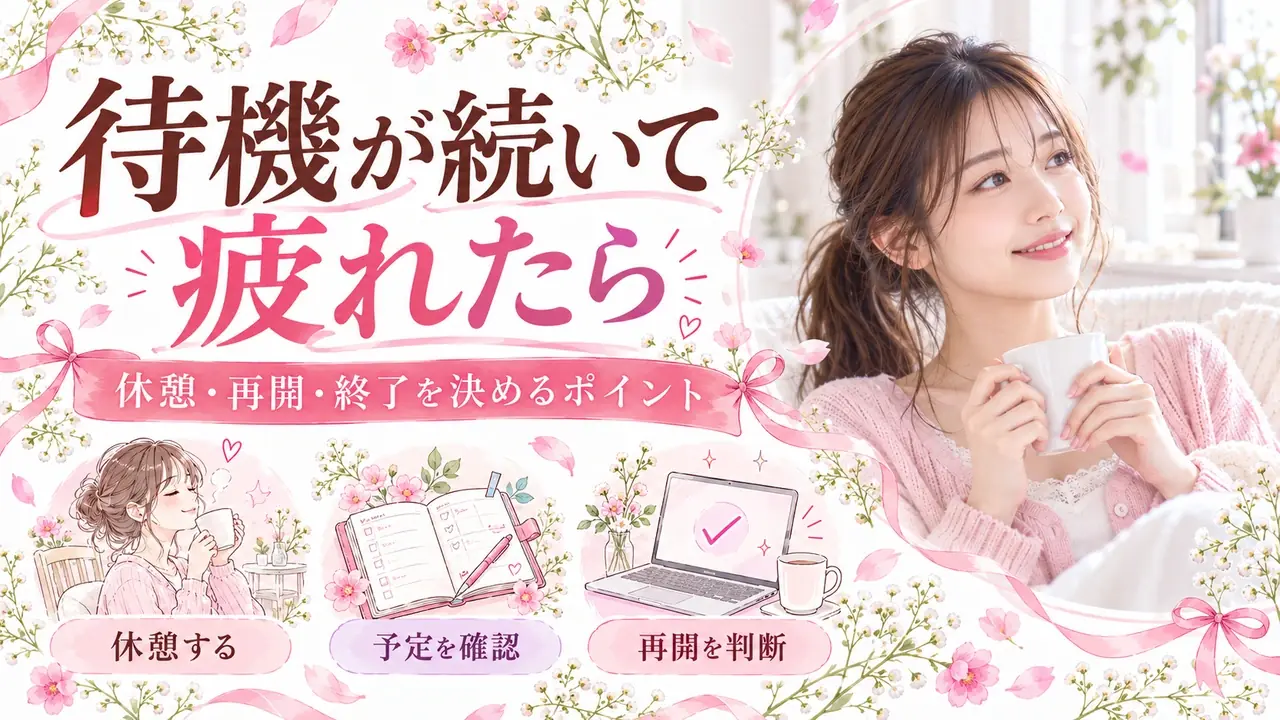 待機が続いて疲れたら。休憩・再開・終了を決めるポイント。休憩する・予定を確認・再開を判断を紹介する記事バナー。
