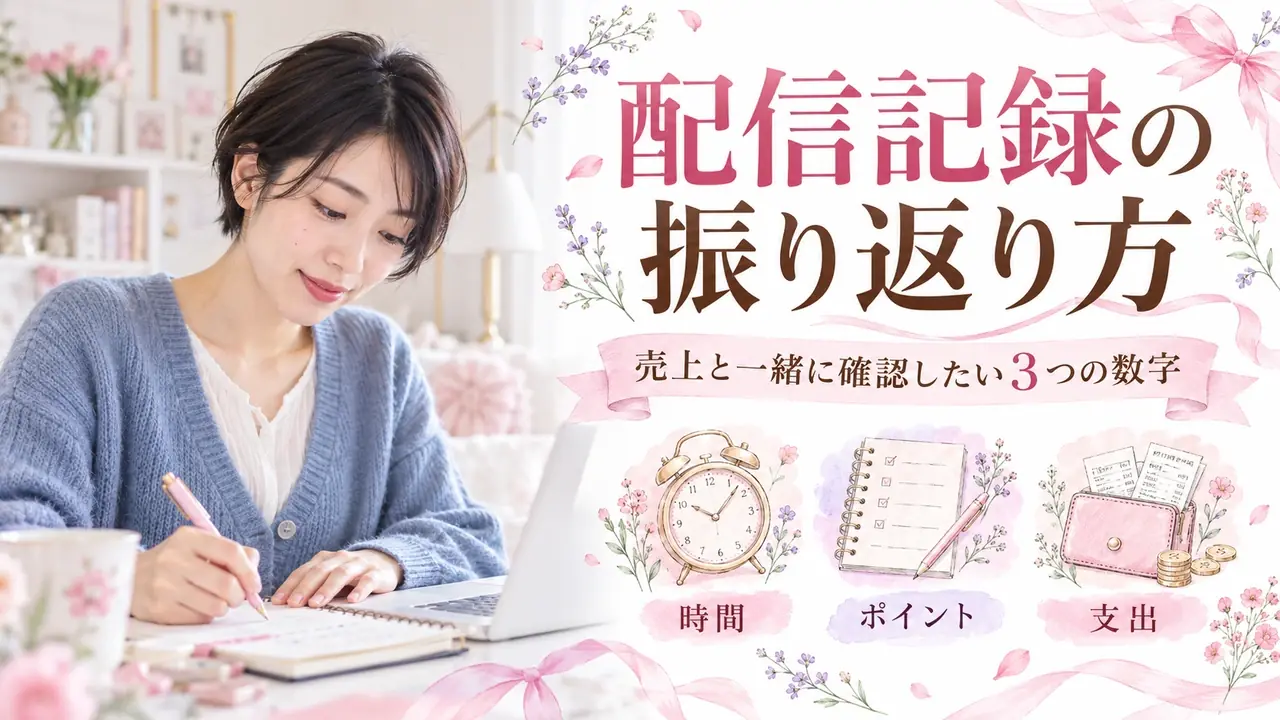 配信記録の振り返り方。売上と一緒に確認したい3つの数字。時間・ポイント・支出を紹介する記事バナー。