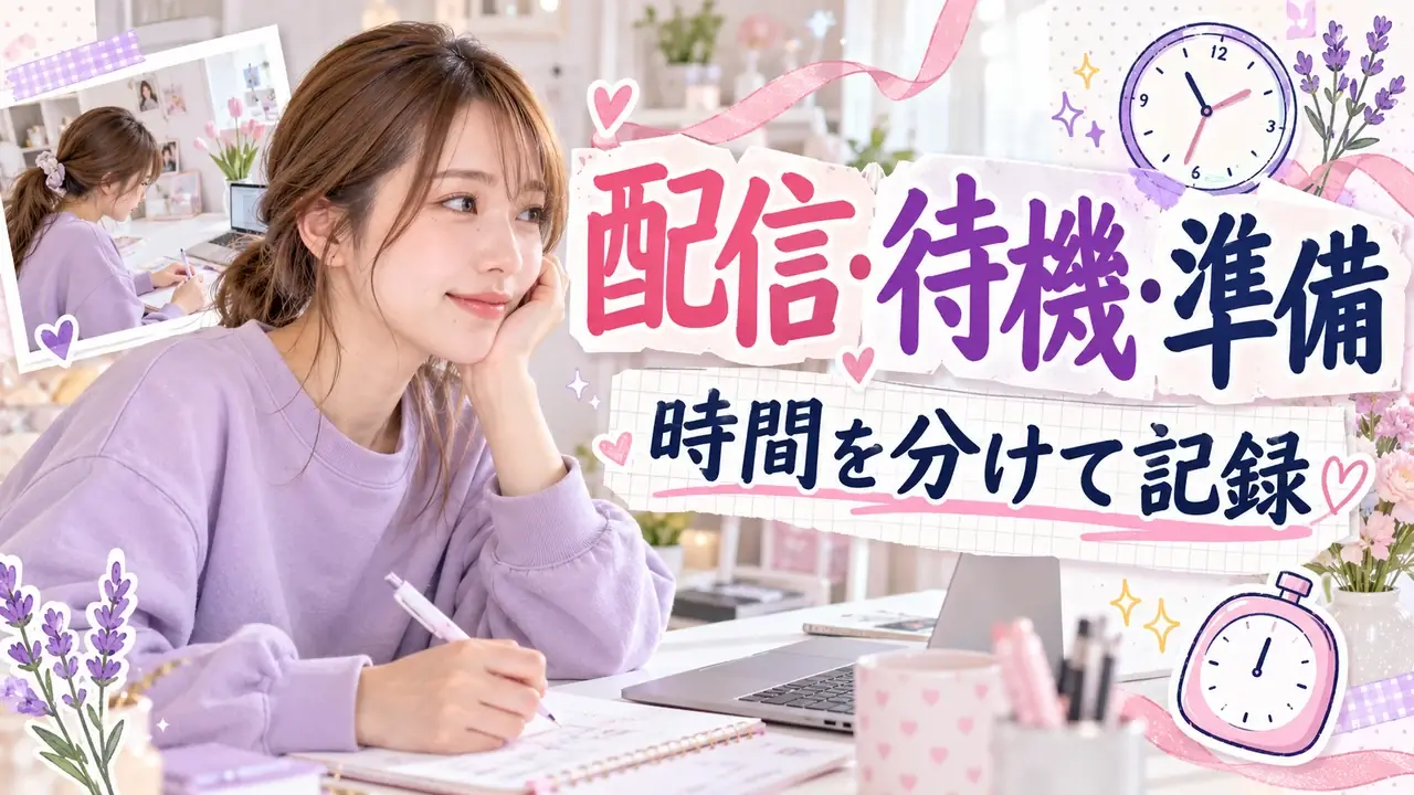 配信・待機・準備の時間を分けて記録。時計や手帳を使ったガーリーなデザイン