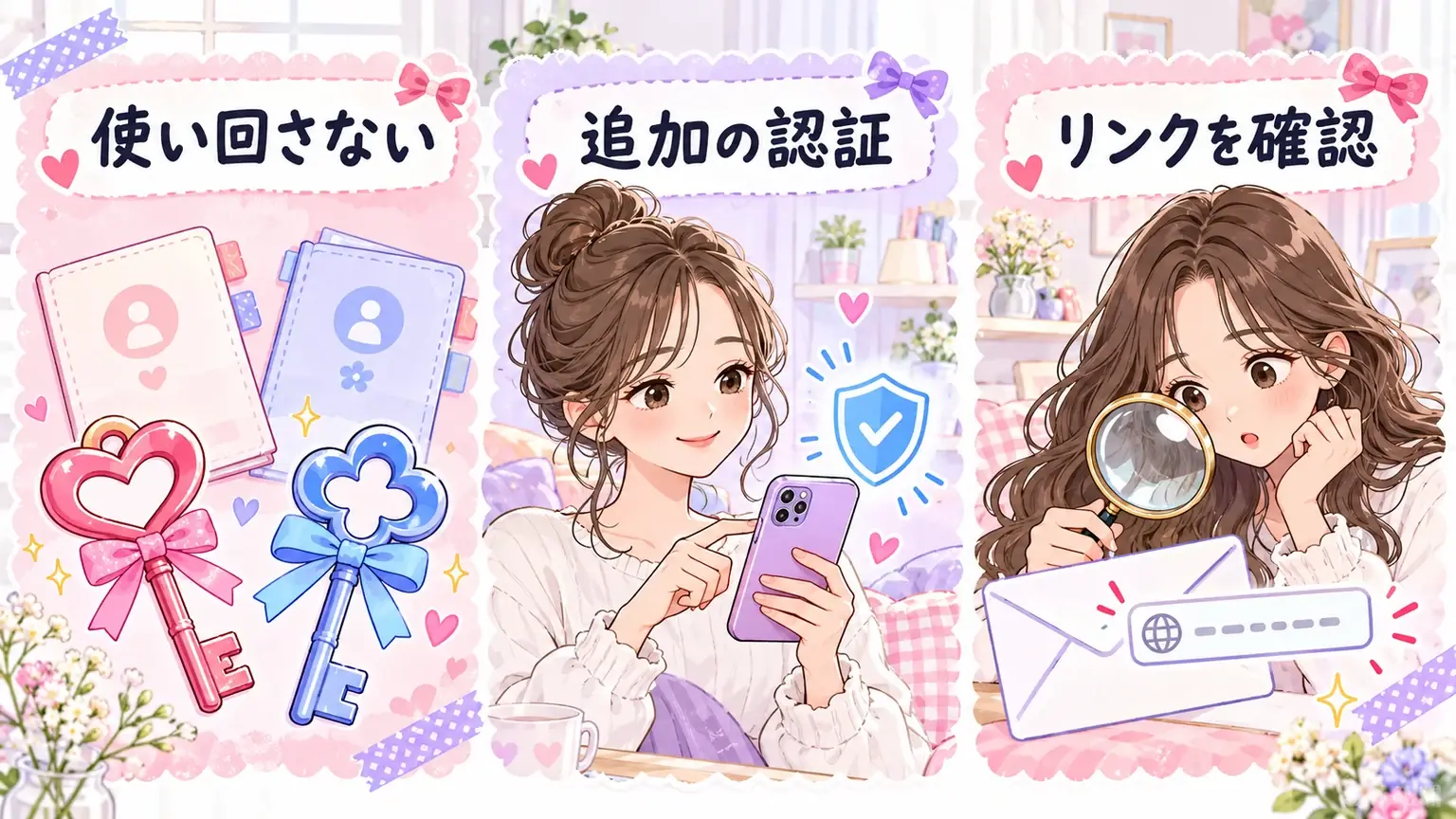 パスワードを使い回さない、追加認証、リンクの確認を示すイラスト