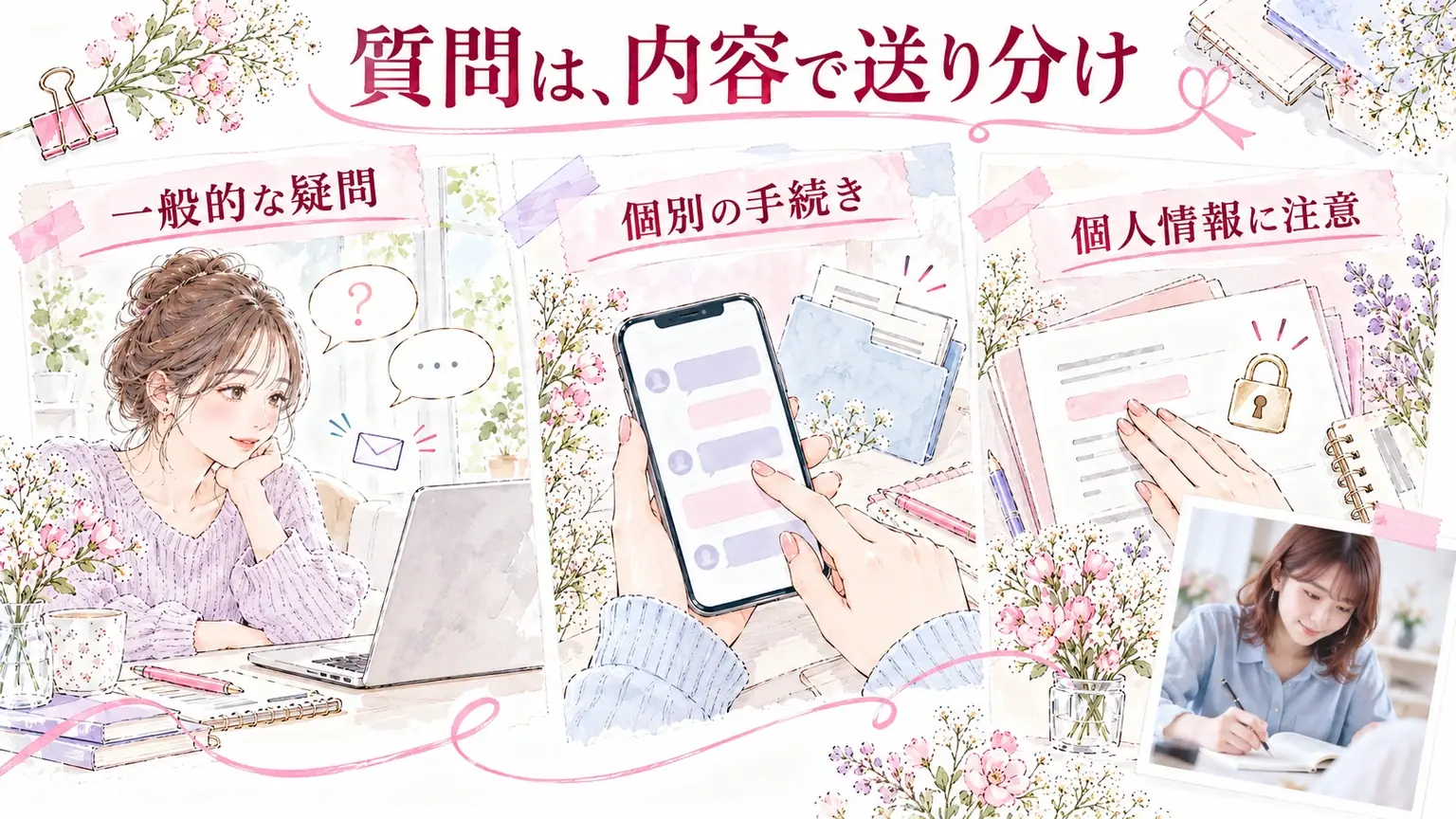 質問は、内容で送り分け。一般的な疑問・個別の手続き・個人情報に注意を示す解説イラスト。