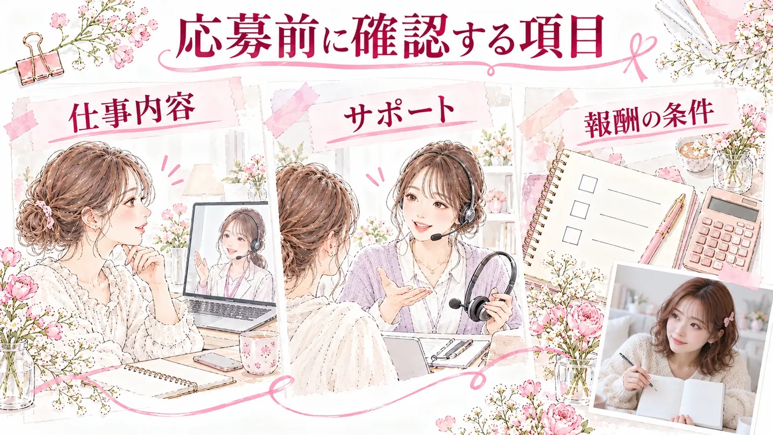 応募前に確認する項目。仕事内容・サポート・報酬の条件を示す解説イラスト。