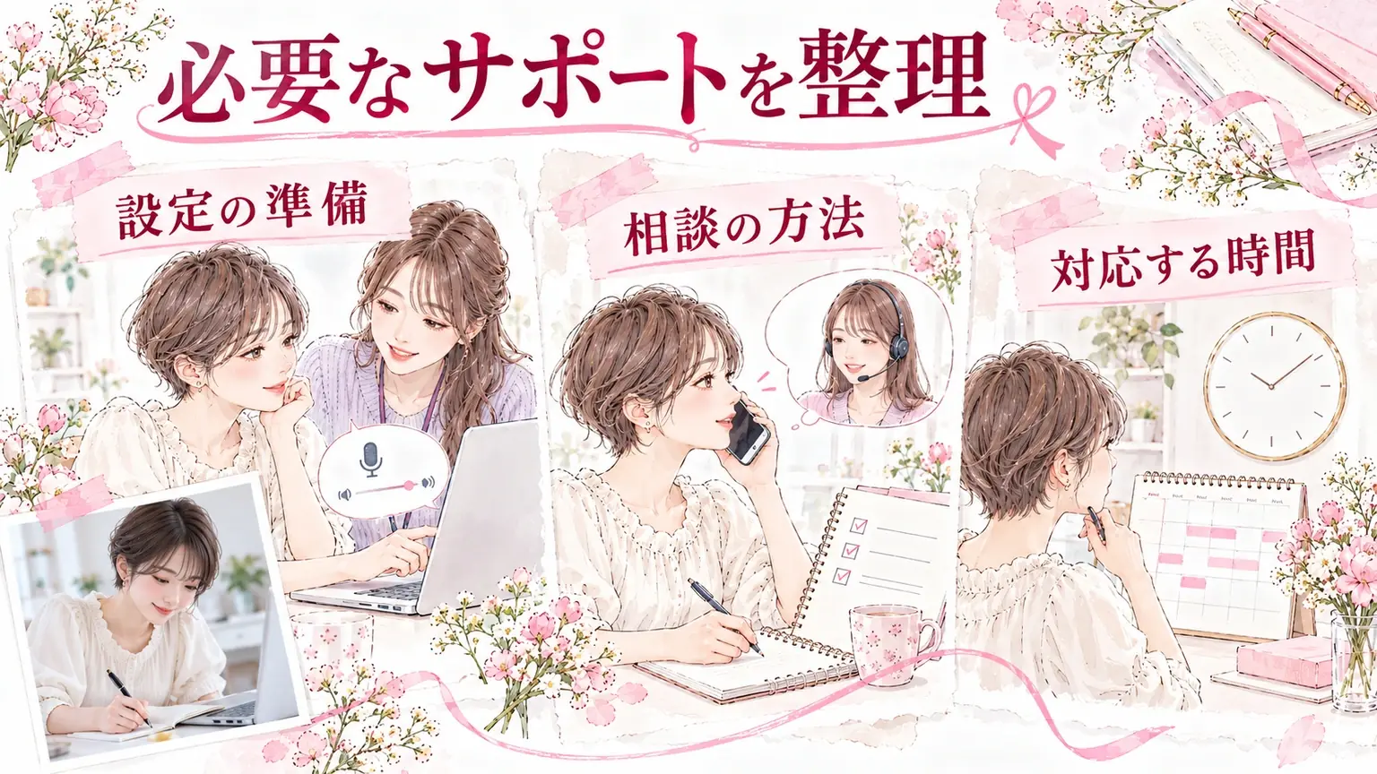 必要なサポートを整理。設定の準備・相談の方法・対応する時間を示す解説イラスト。