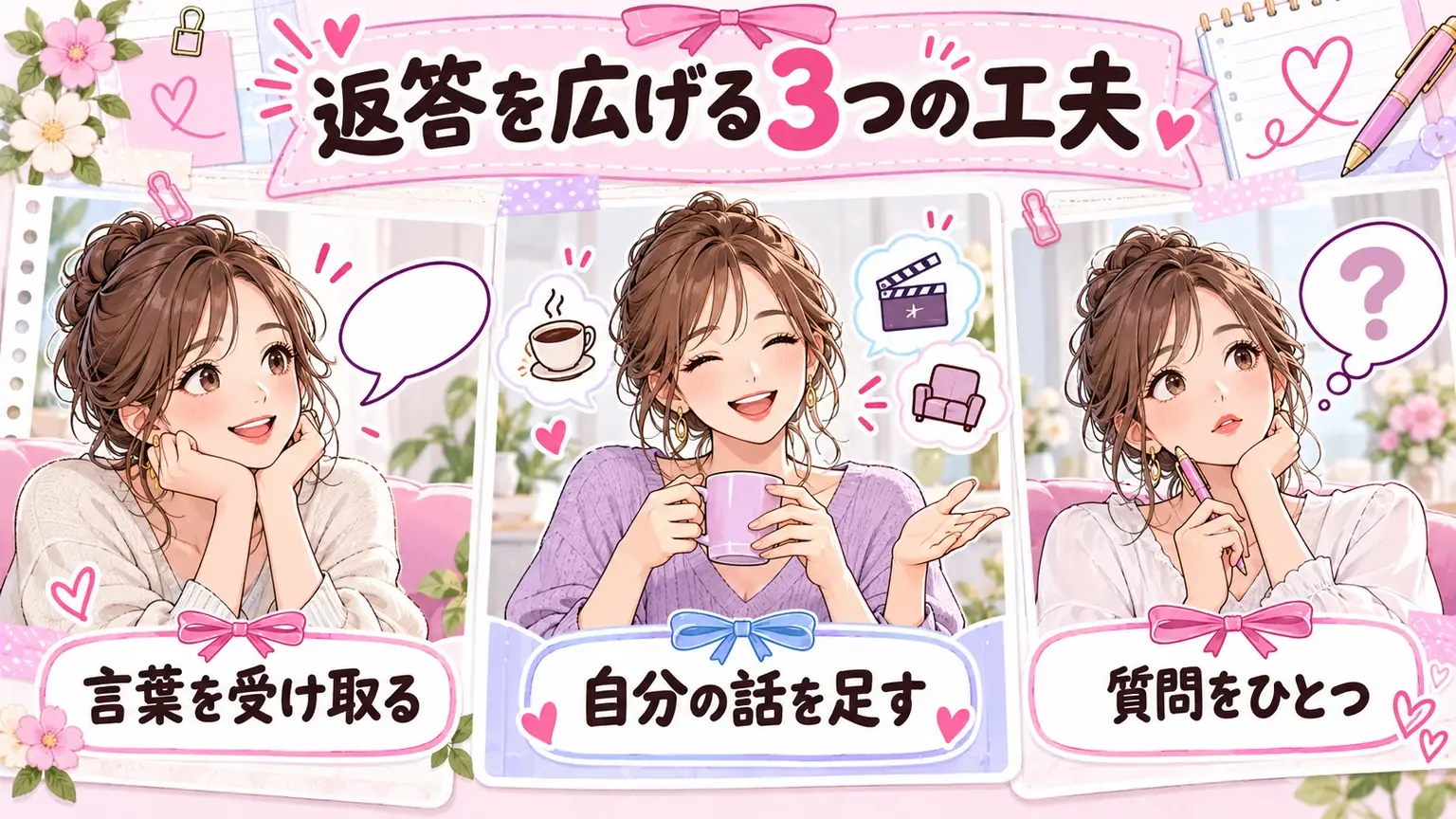 相手の言葉を受け取り、自分の話を少し足して、質問を一つ返す工夫を描いたイラスト