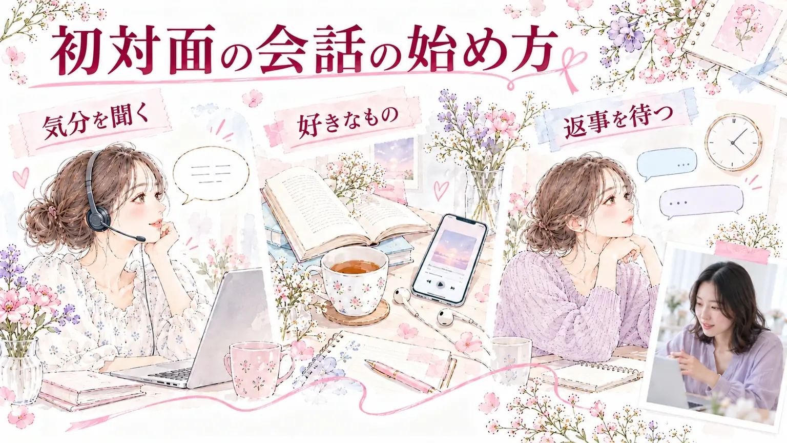 初対面の会話の始め方。気分を聞く・好きなもの・返事を待つを示す解説イラスト。