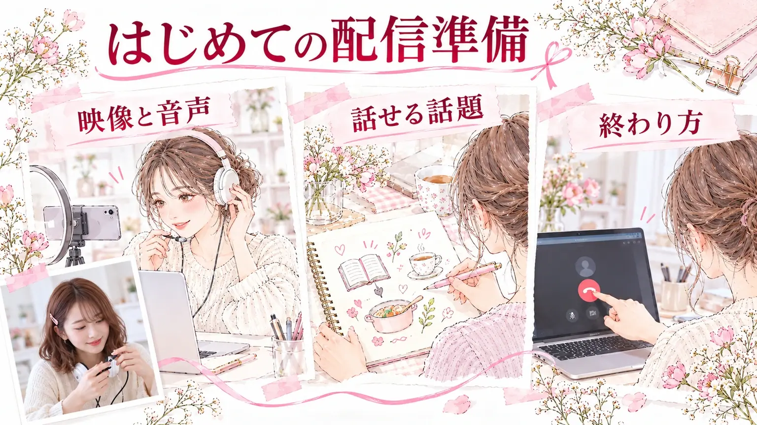 はじめての配信準備。映像と音声・話せる話題・終わり方を示す解説イラスト。