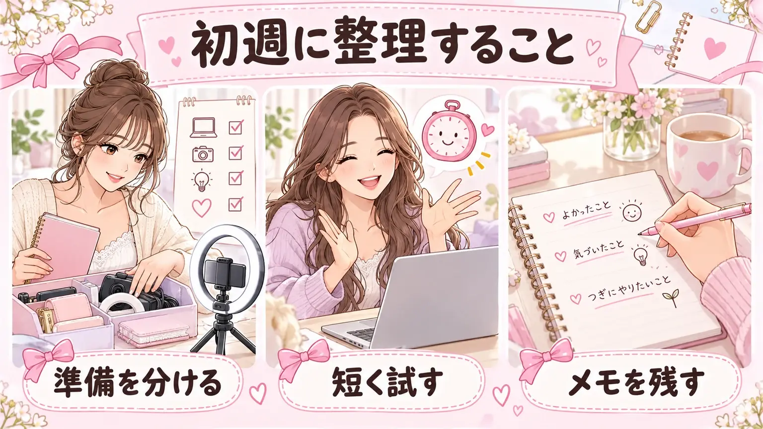 初週の準備を分ける、短く試す、メモを残すという三つの工夫を描いたイラスト