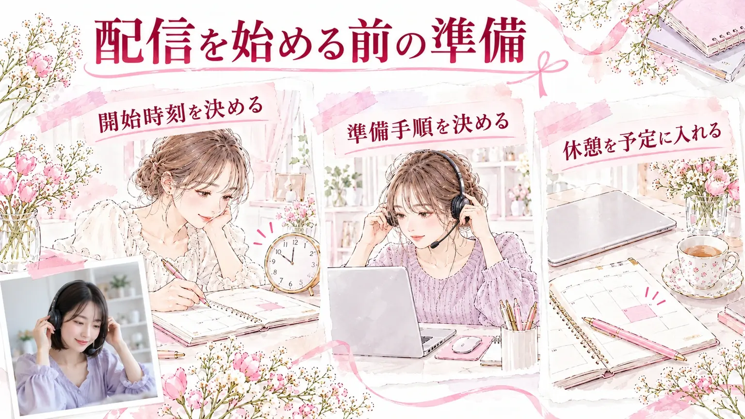配信を始める前の準備。開始時刻を決める・準備手順を決める・休憩を予定に入れるを示す解説イラスト。