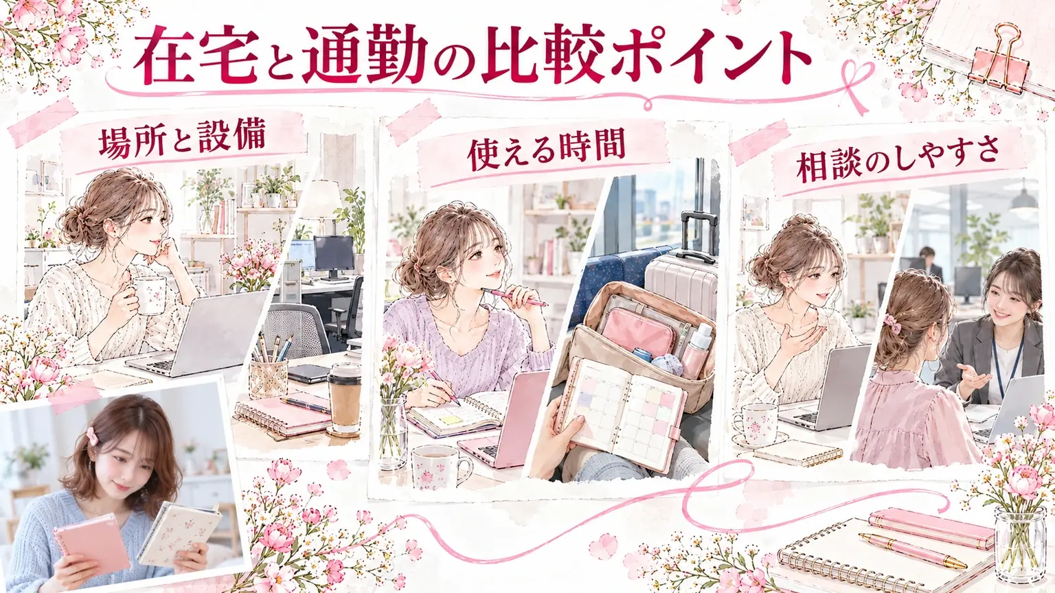 在宅と通勤の比較ポイント。場所と設備・使える時間・相談のしやすさを示す解説イラスト。