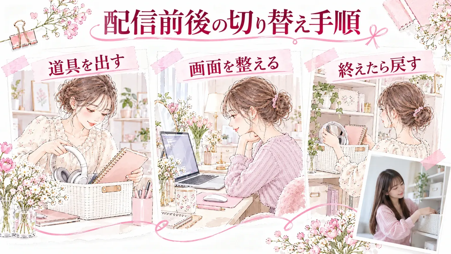 配信前後の切り替え手順。道具を出す・画面を整える・終えたら戻すを示す解説イラスト。