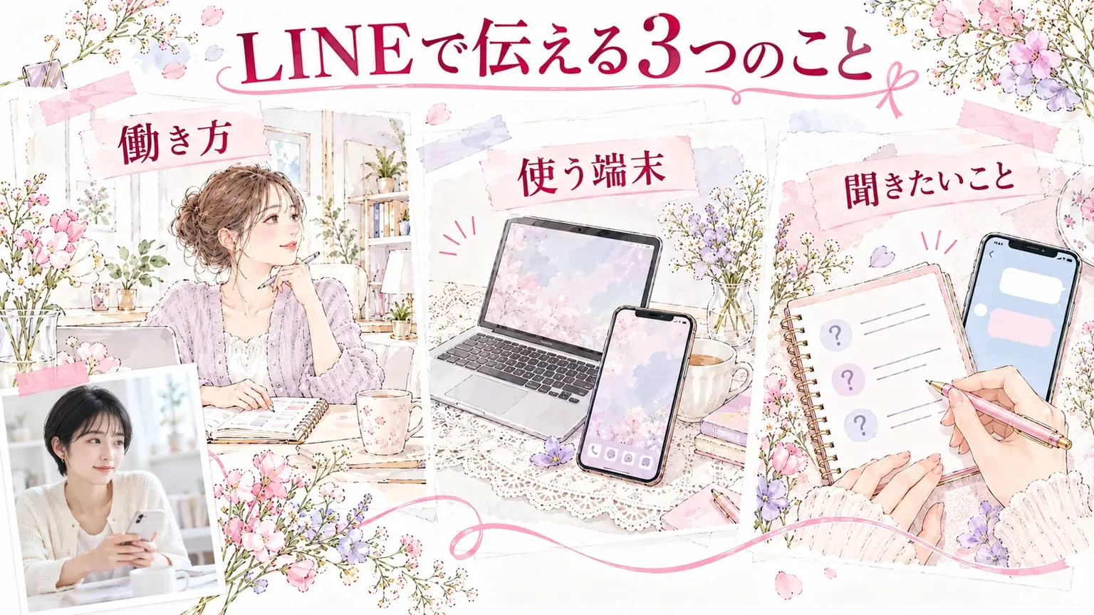 LINEで伝える3つのこと。働き方・使う端末・聞きたいことを示す解説イラスト。