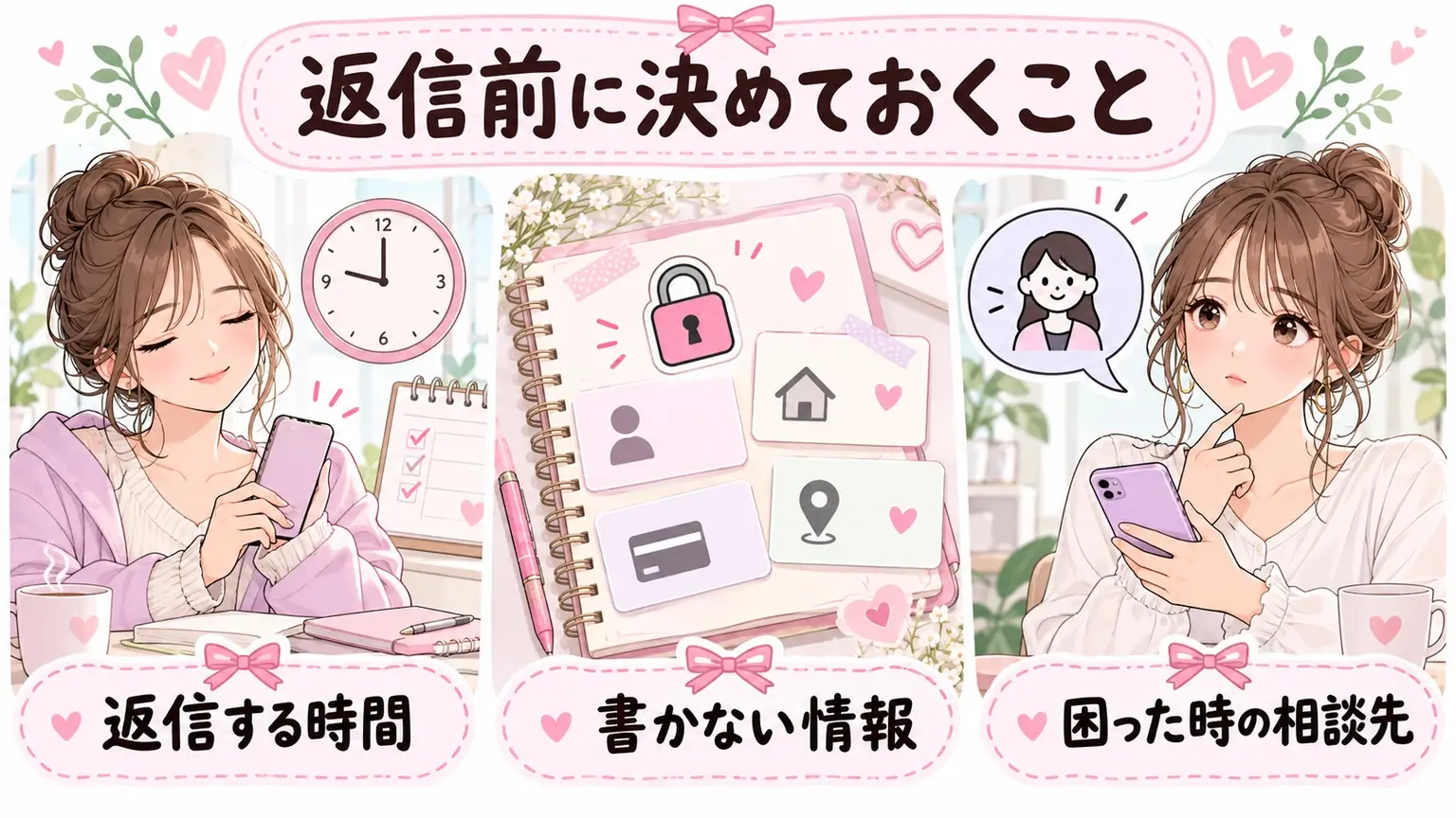 返信する時間、書かない個人情報、困った時の相談先を決めるための補足イラスト