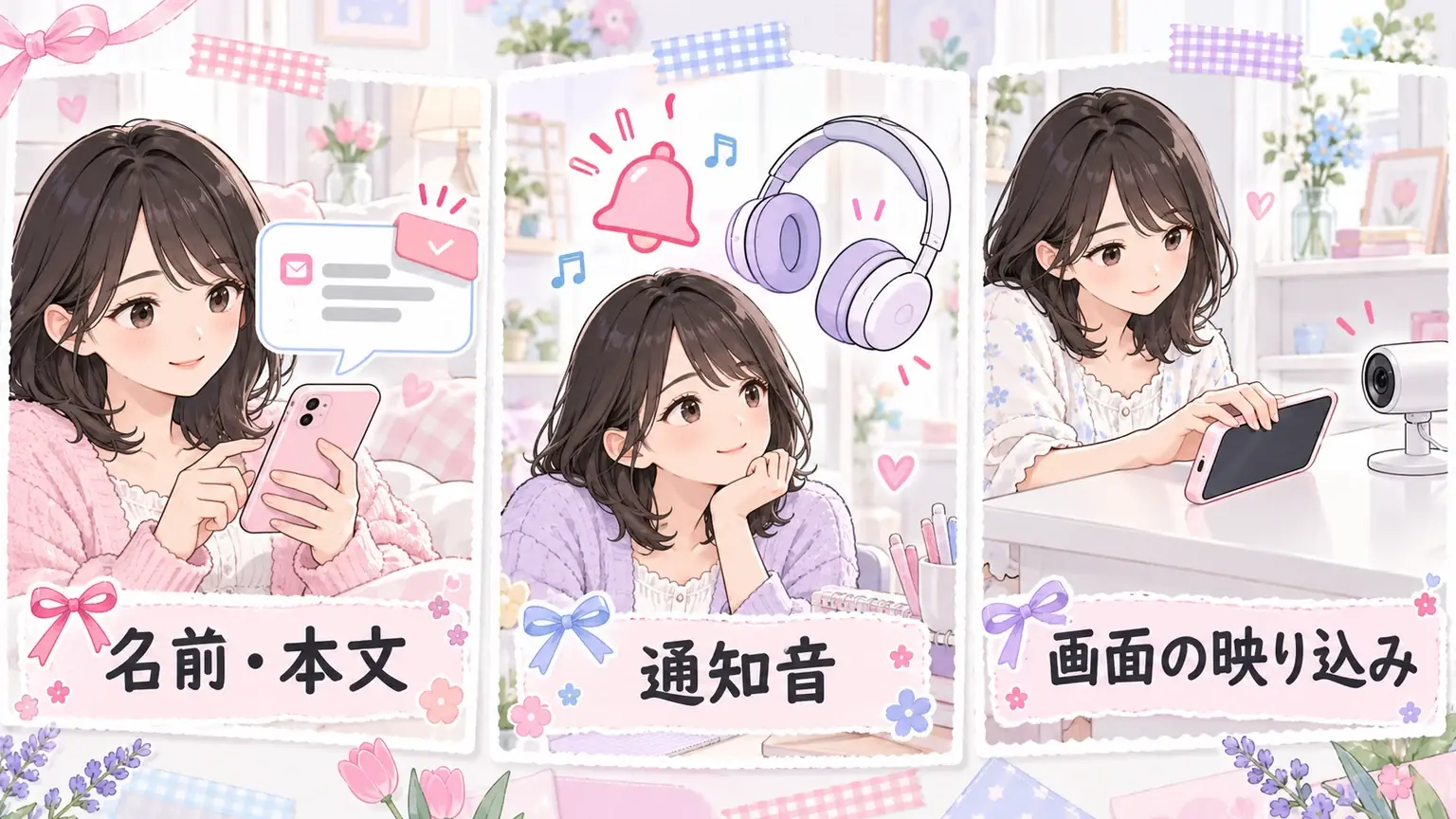 通知の名前と本文、通知音、端末画面の映り込みを確認するイラスト