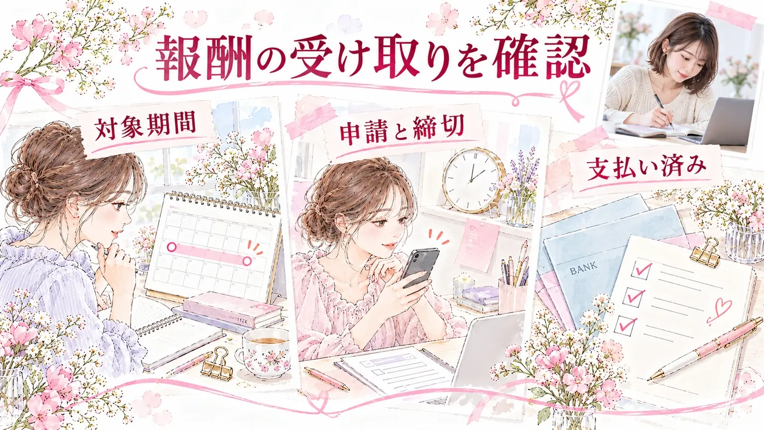 報酬の受け取りを確認。対象期間・申請と締切・支払い済みを示す解説イラスト。