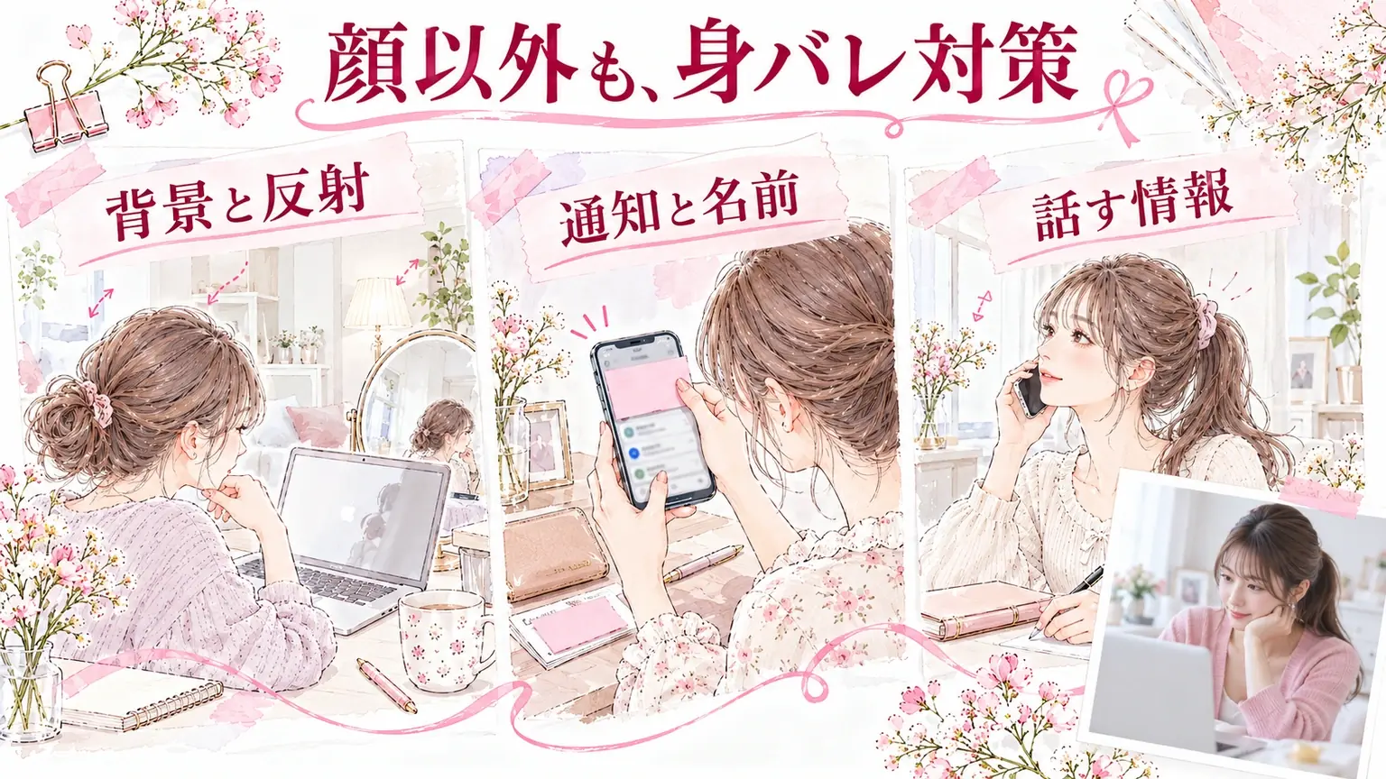 顔以外も、身バレ対策。背景と反射・通知と名前・話す情報を示す解説イラスト。