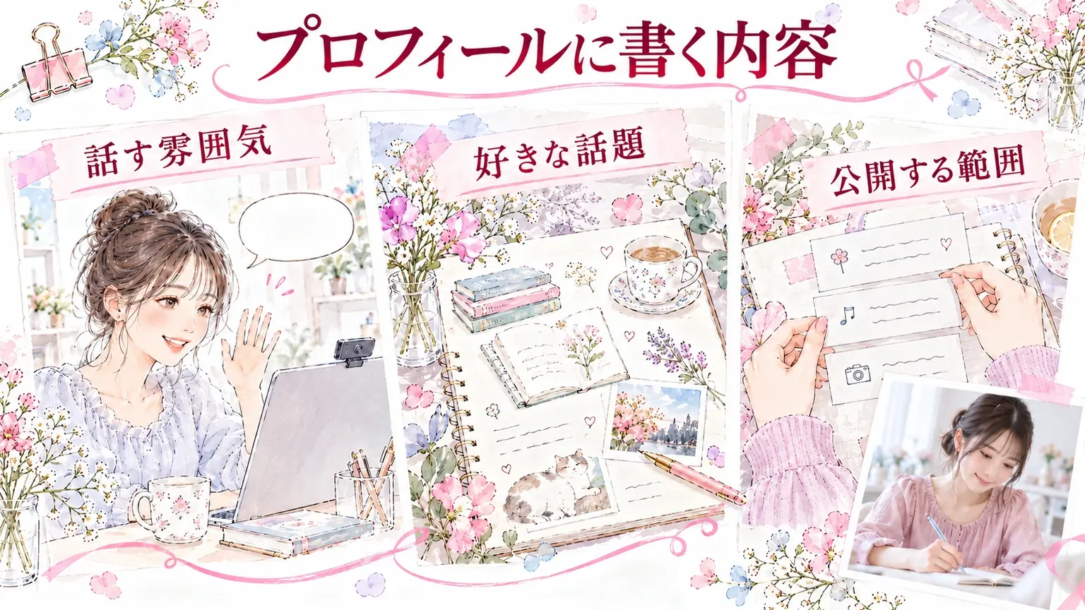 プロフィールに書く内容。話す雰囲気・好きな話題・公開する範囲を示す解説イラスト。