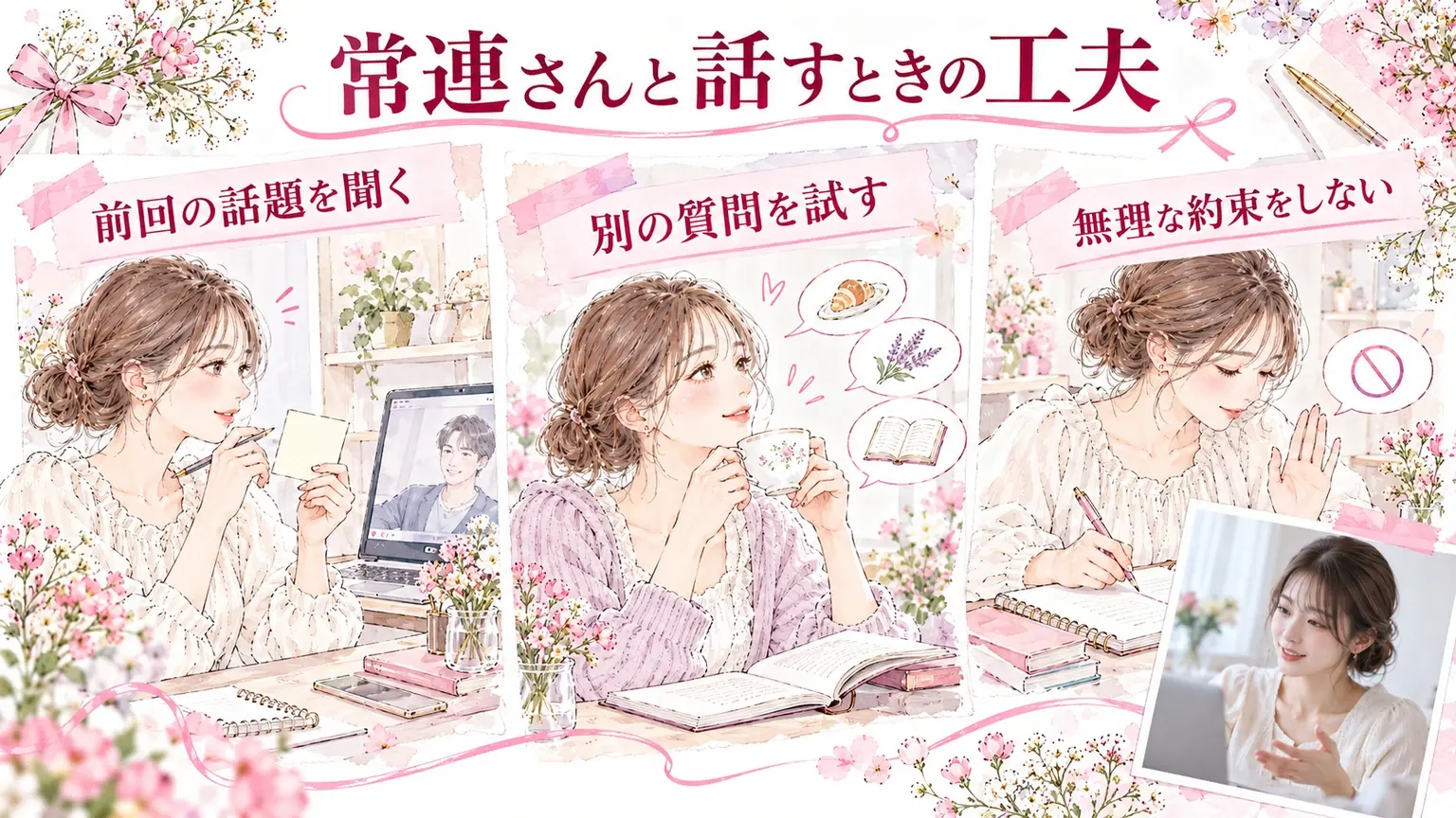 常連さんと話すときの工夫。前回の話題を聞く・別の質問を試す・無理な約束をしないを示す解説イラスト。