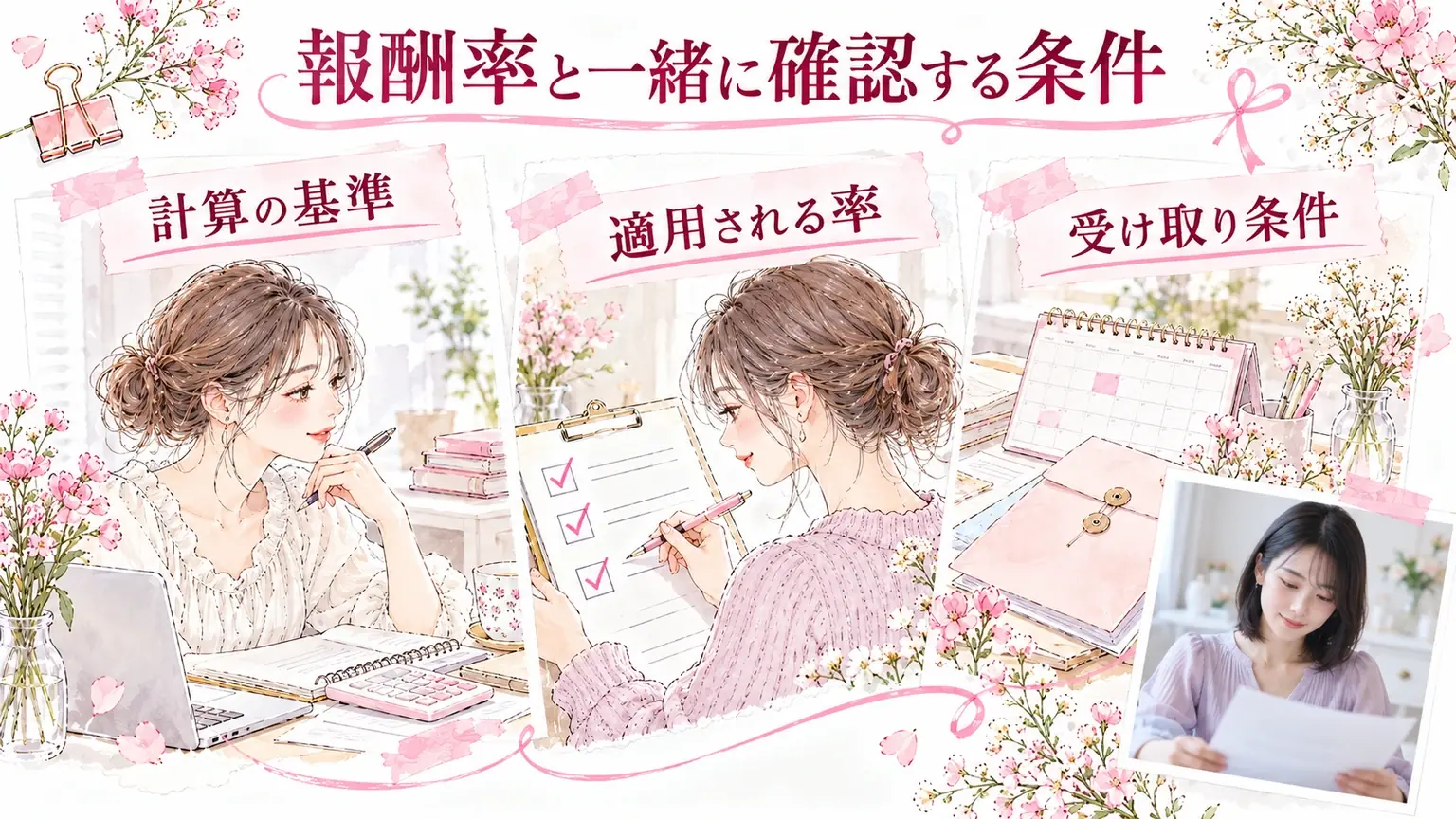 報酬率と一緒に確認する条件。計算の基準・適用される率・受け取り条件を示す解説イラスト。