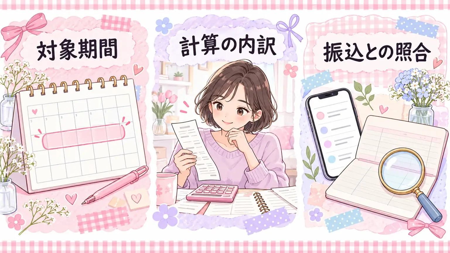 明細を対象期間、計算の内訳、振込との照合の3つに分けて確認するイラスト