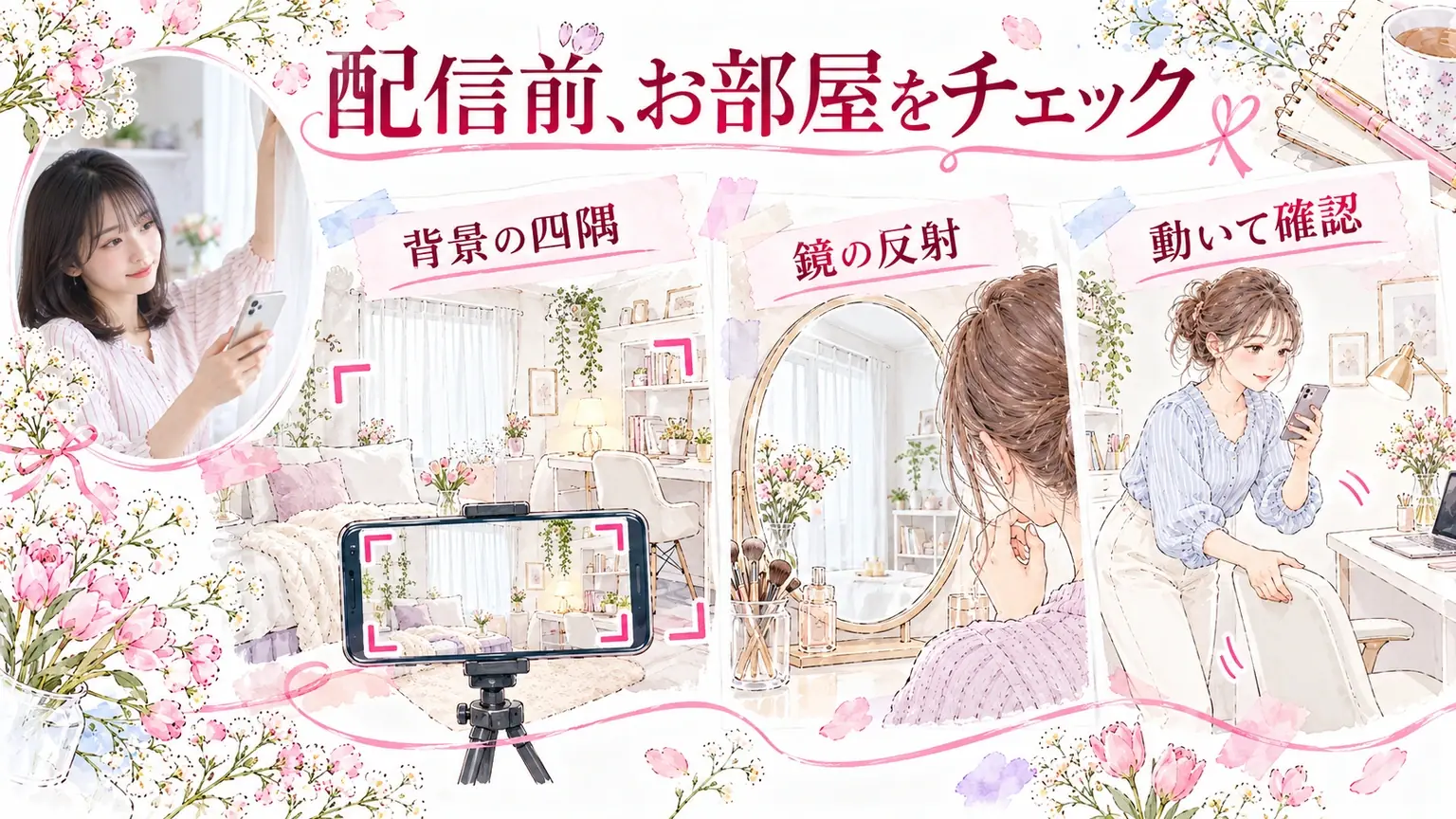 配信前、お部屋をチェック。背景の四隅・鏡の反射・動いて確認を示す解説イラスト。